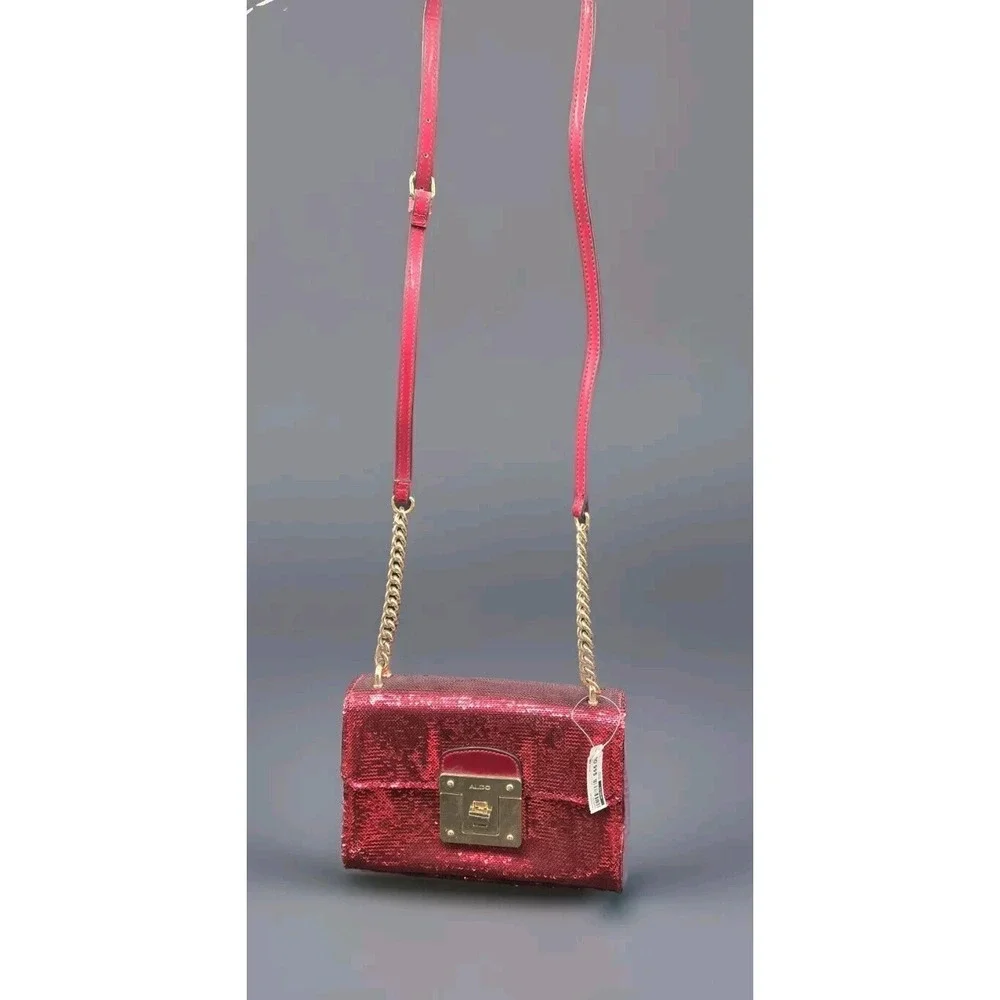 Aldo Red Sequent Handbag W/ Yellow Metal Chain Adjustable‎ Evening Event Purse